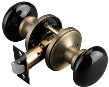 NCL Black Door Knobs, Porcelain Round Door Handle with Antique Brass Plate