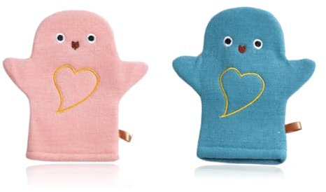 MIRKUZI Waschlappen & Waschhandschuhe 2 Stück Badetuch-Waschhandschuhe mit Tiermotiv, Badespielzeug für Badespaß, Baby-Badetücher, weiche Badetücher für Babys und Kinder ab 0 Monaten (blau-rosa)