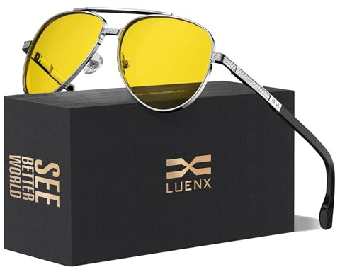 LUENX Night Vision Driving Glasses Polarized， Aviator Sunglasses for Men Women Anti Glare Yellow Lens Clear Sight 60mm