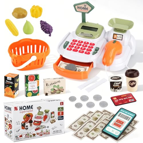 TAVADA Registratore di cassa Giocattolo per Bambini con scanner,calcolatrice,set da Supermercato Giocattolo con cibi di fantasia,soldi giocattolo e altro,Ideale come regalo per bambini dai 3 anni in s