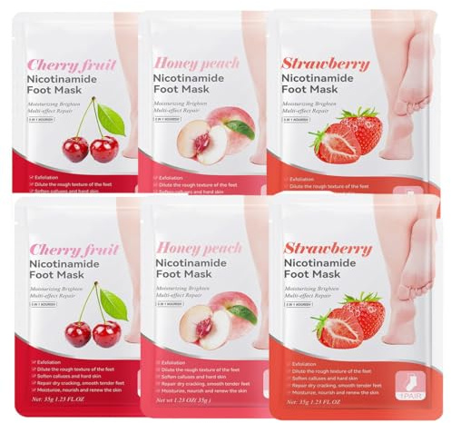 GNHG 6 Paia di Maschera Piedi, Contiene Niacinamide per lo Sbiancamento, Maschera Piedi Esfoliante,Idratante Delicato per Secchi e Screpolati (Pesca + Ciliegia + Fragola)