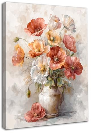 Dazzlewall Pintura de Arte de Pared Floral, Flores Rojas Blancas en Jarrón Impresión de Arte Acuarela Flor de Pared Imagen para Decoración de Sala de Estar de Dormitorio, 30x40 cm Enmarcado