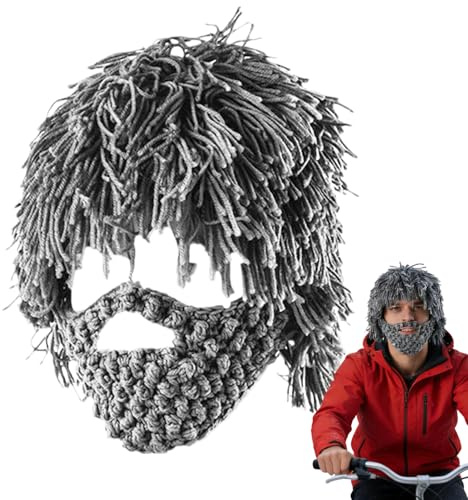 Divertente berretto con barba, lavorato a maglia, stile punk, invernale, con parrucca e barba, cappello caldo per travestimento da uomo e donna, per viaggi, festival, cosplay, feste, concerti, Grigio