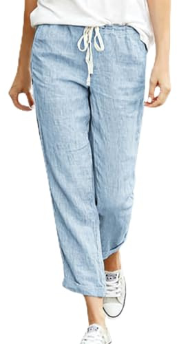 Cegerne Pantalón de Lino Mujer 7/8 Verano Ligero y Transpirable Cintura Elástica con Bolsillos Suelto para Playa Vacaciones y Diario