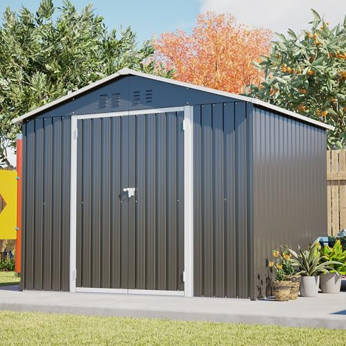 Caseta de jardín de metal de 240 x 192,3 x 191 cm, cobertizo con cerradura con doble puerta y 4 ventilaciones, cobertizo de chapa de acero para jardín, bicicletas, cubos de basura y herramientas de