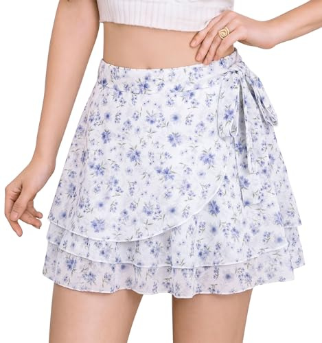 Aunribor Falda Corta Floral de Chifón para Mujer Falda Mini Ligera Casual | Volantes superpuestos en bajo, Cintura alta elástica, Línea A, Lazo cordón en cintura, Forro shorts, Color sólido, Estampado