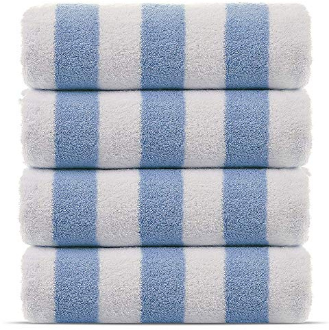 Chakir Turkish Linens Paquete de 4 Toallas de Playa para Piscina 100% algodón Turco a Rayas Gruesas (Azul Claro, 30 x 60 Pulgadas)