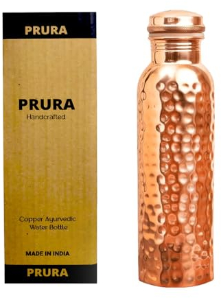 PRURA, ayurvedische Kupfer-Wasserflasche, auslaufsicheres naturreines Kupfergefäß 900ml/30oz Design 9