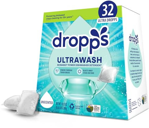 Dropps UltraWash Dishwasher Pods, Unscented (32 Dish Tabs) - Biobased Power Deep Clean Dishwasher Detergent Tablets for Sparkling Shiny Dishes - No Rinse Aid or Pre-Wash Needed - Dishwashing Pods