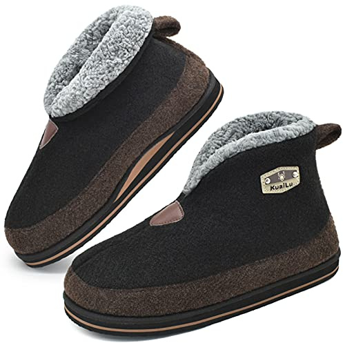 KuaiLu Zapatillas Casa Bota Hombre Invierno Fieltro Cerradas Babuchas Caballero Caliente Peluche Lana Piel Pantuflas Botines Comoda Memory Foam Slippers Antideslizante Goma Suela Negro 45