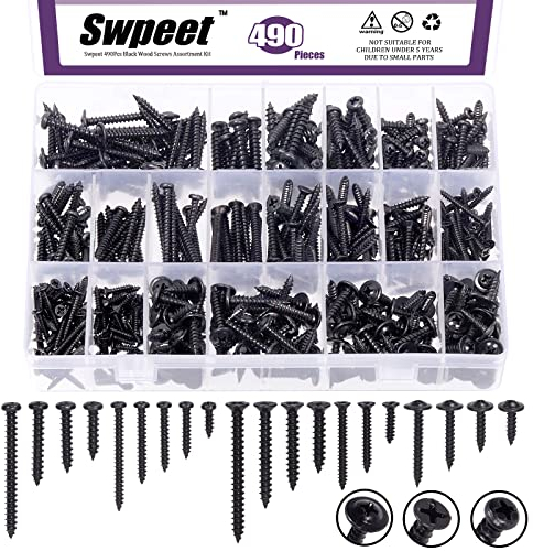 Swpeet Assortiment de 490 Vis en Acier Zingué #4 #6 #8 - Auto-Perceuses pour Cloison Sèche - Cruciformes à Tête Plate - Bois Assorties