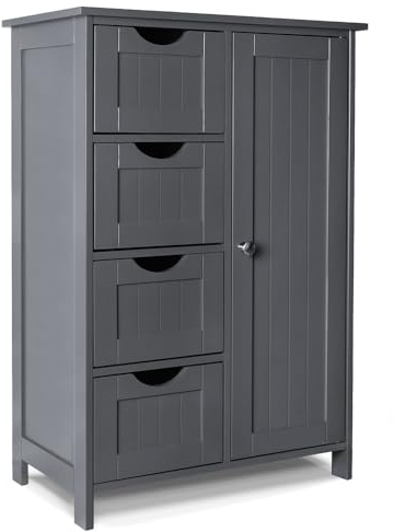 VOUNOT® Badezimmerschrank, Badschrank, Beistellschrank mit 4 Schubladen, Schranktür & verstellbaren Ablagen für Badezimmer Wohnzimmer Küche Schlafzimmer 30x55x82cm Grau