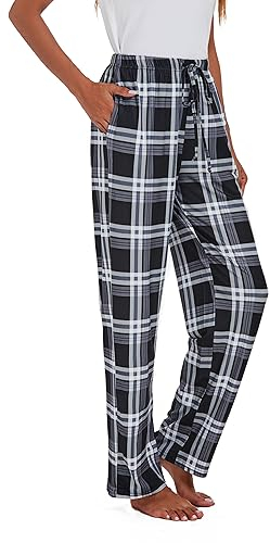 Xuepelit Pyjama Pants Long Ladies Trousers With Pockets And Drawstring Flare Pants Sleep,Black,S