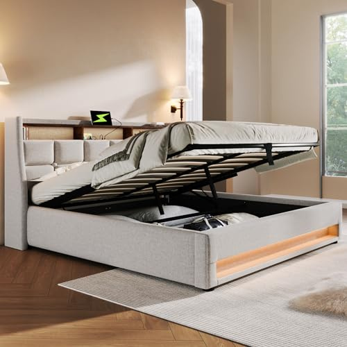 Kayan Polsterbett 180x200cm, Doppelbett mit Stauraum und Lattenrost, LED Kopfteil mit USB Ladefunktion, Stauraumbett Funktionsbetten Rückenlehne Bettgestell, Leinen (Beige, 180x200cm)
