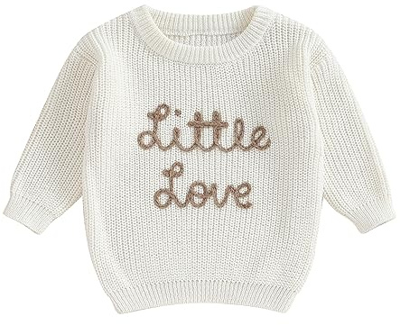 Geagodelia Little Love Baby Knitted Jumper Boys Oversized Loose Fit Chunky Knit Sweater Pullover Warm Winter Clothes Cute Valentine's Outfit (120804White, 12-18 Months)