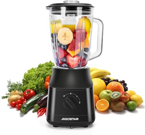 Aigostar 1.5L Blender Smoothie Maker 800W Glass Jug Blender Mixer with Titanium Plated Blades 2 Speeds and Pulse Ice Crushing for Shakes and Smoothies， BPA Free - Swift 03NSF