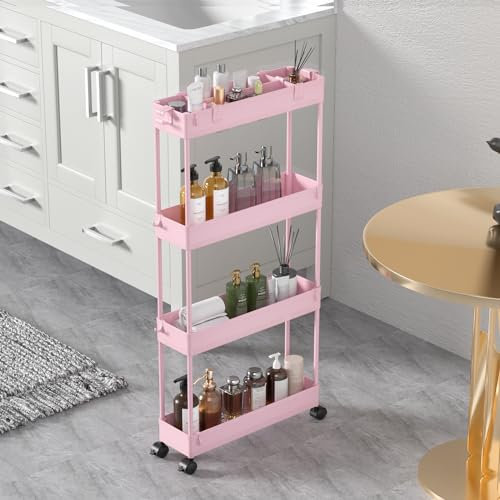 SPACELEAD Slim Storage Cart 4 Tier,Bathroom Organizer Rolling Utility,Mobile Shelving Unit Slide Out for Office, Kitchen, Laundry Room & Narrow Places,Pink