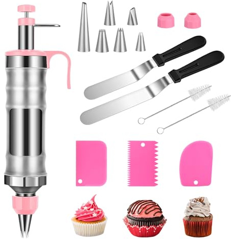 Dessert Decorating Syringe Set, Frosting Piping Kit Stainless with 6 Russian Piping Nozzles & Cream Scraper, Cake Decorating Tools, Cupcake Frosting Filling Injector, Piping Bags and Tips Set
