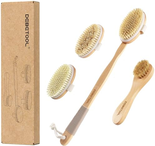 DEBETOOL Dry Brushing Set - Natural Boar Bristle Body & Face Brush, Wooden Long Handle Scrub Brush for Cellulite & Lymphatic Drainage Body Care, Detachable, 3 Brush Heads