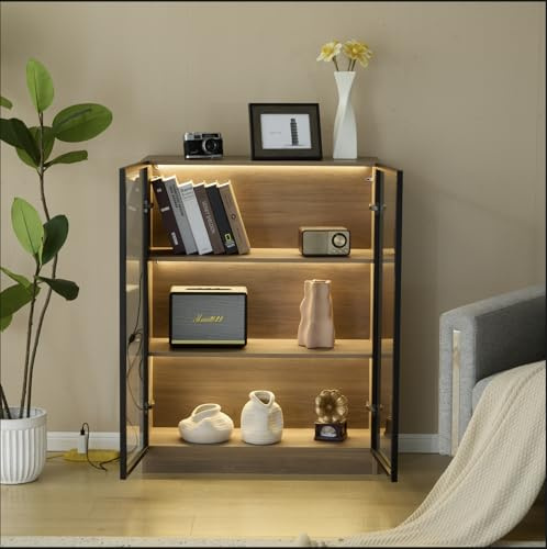 Armario de cristal multifunción de pie Soweiz con 4 estantes, vitrina de cristal negro con iluminación, vitrina de coleccionista, armario de salón T32/H106/B80 cm