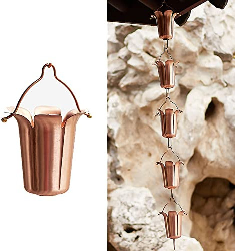 CMYUN Regenkette Regenketten für Den Garten Dekorativ, Ersatzdachrinne Fallrohr Regenkettengewicht, Kupfer-Regenfänger-Blütenblattdekoration Im Freien, Anbringbar(Style1)