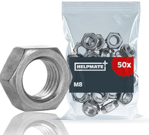 HELPMATE - Écrou hexagonal M8 DIN 934 - Acier électrozingué - 50 pièces - Classe de résistance 8 - Écrous pour l'intérieur ou les environnements secs