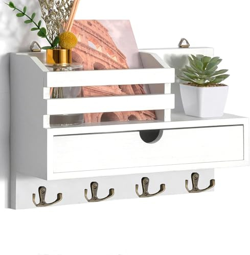 Irayin Key Holder Wall Mount, Key Racks for Wall, Wooden Adhesive Mail and Key Organizer with Drawer, Small Shelf, 8 Hooks, 2 Installation Methods, White