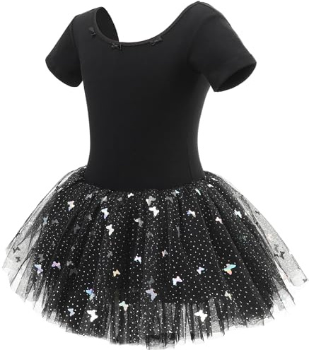 ANTLOOWW Robe de Ballet Danse pour Fille,Paillettes Coton Tenue de Ballet,Justaucorps de Danse Manches Courtes de Ballerine avec Jupe Tutu 2-11 Ans (FR/ES, Numérique, 110, Taille Normale, Noir)