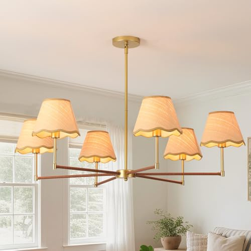 Schindora Lampadario Soggiorno Vintage 6-Luce,100Cm Lampadario Camera Da Letto Boho Rattan Grande Oro Metallo Regolabile E14 Lampadari Cucina Per Ristoranti Alberghi