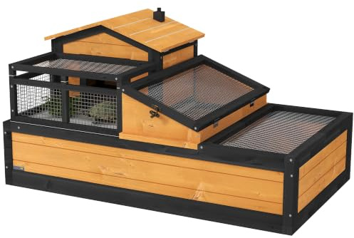 PawHut Casa tartaruga 3 st., recinto, 59H112L65P giallo | In legno, 2 piani, scala, balcone, vassoio, tetto apribile