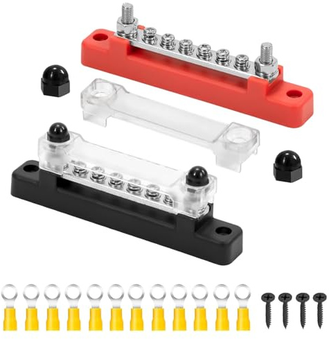 VZU 2 stycken samlingsskenor 12 V-48 V DC samlarskenor fördelningsblock med 6 x M4-klämbultar, 150 A bussbar strömfördelningsblock för bil, lastbil, yacht, båt (röd svart)