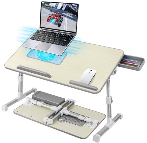 AirOpen Table de Lit pour Ordinateur Portable, Pliable, Réglable en Hauteur et Angle, Plateau de Lit avec Tiroir/Refroidisseur PC Portable, Table pour Canapé/Sol (60 x 34 cm, Beige)