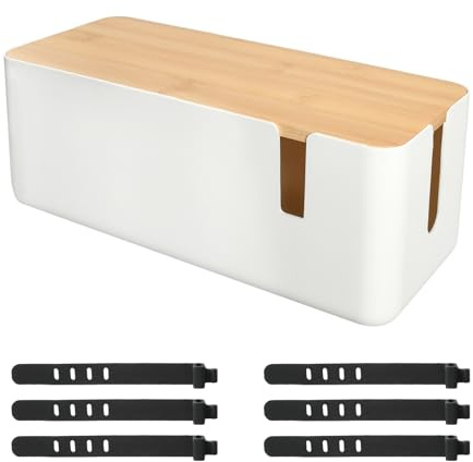 Scatola Porta Cavi con 6 Fascette In Silicone, Organizer Cavi Scrivania con Coperchio in Bambù, Scatola Copri Fili e Prese, Nascondi Fili, Cord Organiser Box, Cable Tidy Box, Bianca