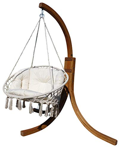 ALEOS. Design Hängesessel Catalina geknüft geflochten extra groß mit Gestell aus Holz NAVASSA Lärche komplett