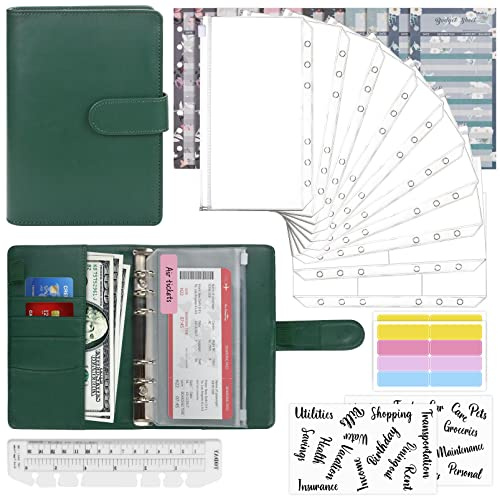 Mlife Budget Binder Set - 28pcs Leather Ring Binder Notebook with Clear Cash Envelopes,Budget Sheets and Label Stickers,Cash Organizer Money Saving Binder for Travel and Diary Dark Green