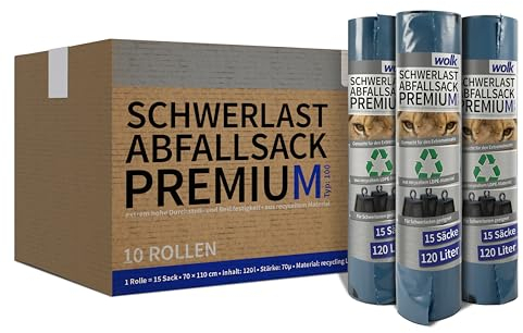 Blauer Sack - Abfallsack Premium aus Recyling- LDPE - Stärke: 64 µ - Volumen: 120 l - 100 Stück (10 Rollen) - BxH: 70,0 x 110,0 cm - für Garten, Baustelle & Betrieb