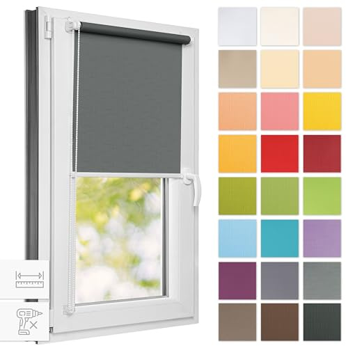 Estika Rollo für Fenster ohne Bohren - 80cm x 220cm - Grau 1-25 Stofffarben, Klemmfix Montage, Fensterrollos für innen, Sichtschutz für Fenster und Balkontür (80 cm Stoffbreite)