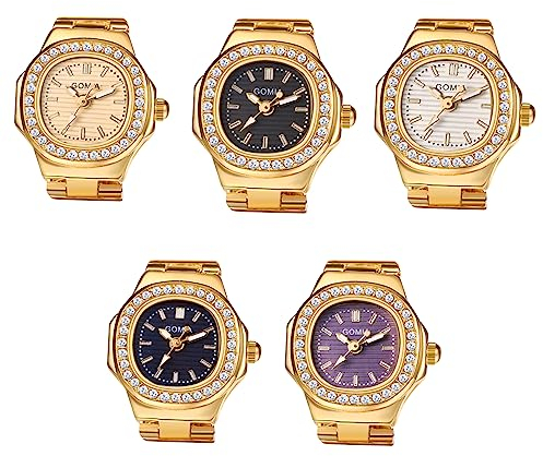JewelryWe Ringuhr Fingeruhr Damen Uhren - 5pcs Gold Quadrat Quarz Analoge Verstellbar Metall Ring Uhr Frauen Glitzer Strass Fingerringuhr Uhrenring mit Rechteckigem Zifferblatt, 5 Farben Set