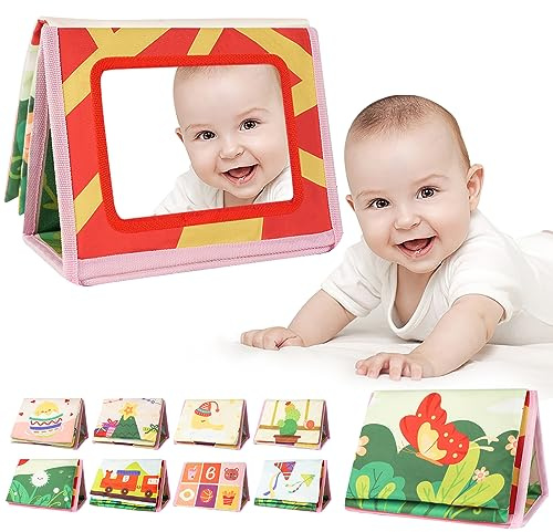 Aolso Babyspegel med knastrande bok, babyleksak för 0–9 månader, vikbar babyspegel, leksak för nyfödda, presenter till spädbarn – färgglad