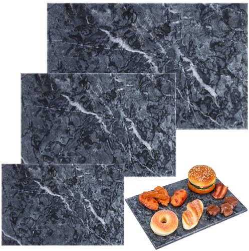 Hushee 3 Pcs Marble Cutting Board for Kitchen Marble Serving Tray Platter Different Sizes 9 x 6'' 12 x 8'' 16 x 10'' Non Slip Feet Pastry Cheese Tray for Pizza Bread Cake Baking Display(Black)