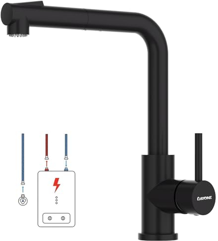DAYONE Schwarz Niederdruck Wasserhahn Küche, Niederdruck Armatur Küche Ausziehbar 3 Anschlüsse, 2 Strahlarten 360° Drehbar Spültischarmatur L-Förm, Niederdruck Mischbatterie Küche für Boiler