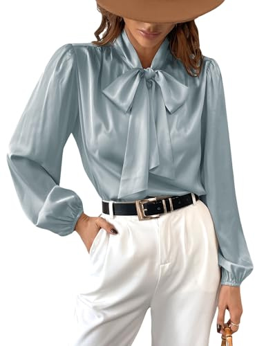 CUPSHE Blusa de satén para mujer, con lazo, manga larga, cuello alto, brillante, para el trabajo, estilo casual