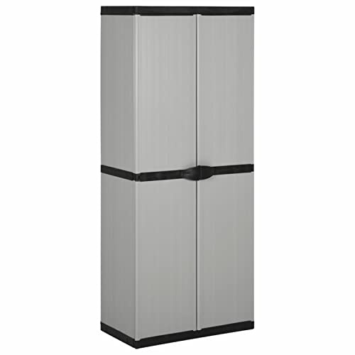 Homgoday Armadietto da giardino con 3 ripiani, grigio e nero, 68 x 40 x 168 cm, mobili da giardino, organizer per attrezzi da esterno, per patio, cortile, cassettiera, terrazza, armadio 3067