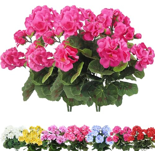Lot de 4 géraniums artificiels 35,6 cm - Fleurs résistantes aux UV en soie Ne se décolorent pas - Décoration intérieure et extérieure (4 pièces, rose)