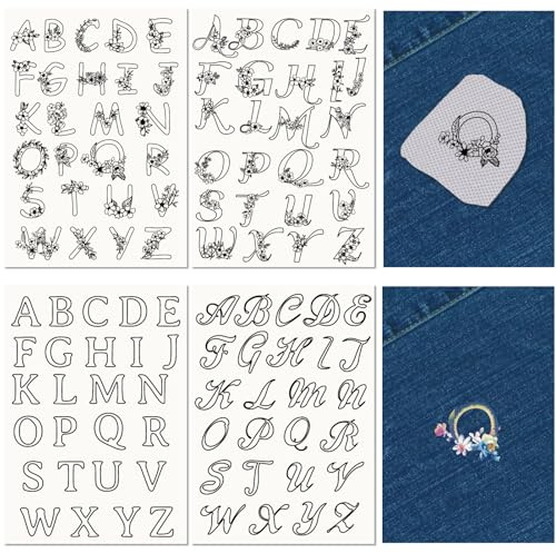 craspire 4 Feuille 104 pièces A-Z Lettres Hydrosolubles Motifs de Broderie Stabilisateurs Alphabet Couture à la Main Coller et Coudre A4 transferts Tissu Lavable Pré Imprimé Auto Adhésif