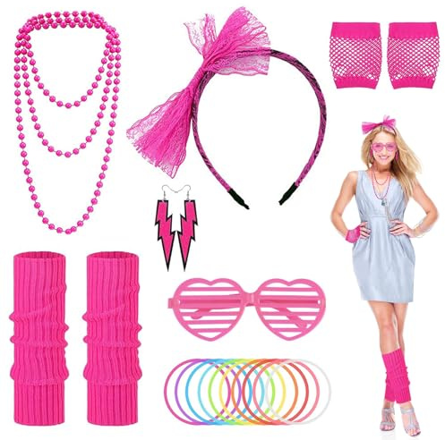 TOPBELIEF Accessori Neon Anni 80 Donna: Costume con Guanti a Rete, Scaldamuscoli, Fascia per Capelli, Occhiali, Orecchini, Collana, Braccialetti