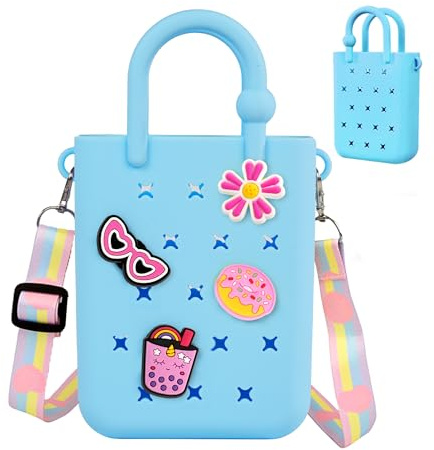 Mini Rubber Tote Bag, EVA Waterproof Beach Tote for Little Girls And Woman, Silicone Hole Small Bag for Travel Outdoor, Cute Rubber Beach Bag with 20 Charms & Adjustable Shoulder Strap