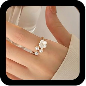 Aneneiceera Vintage Perlenband Ring Halb Offen Blume Perlenring Gold Perle Fingerring Einstellbar Aussage Ring Schmuck Für Frauen
