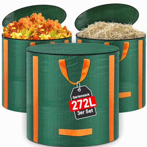 3x Gartenabfallsack stabil 272L - Groß Gartensack Laubsack mit Deckel, Selbststehend Grünschnittsack Laubsammler Korrosionsbeständig für Gartenabfälle und Grünschnitt