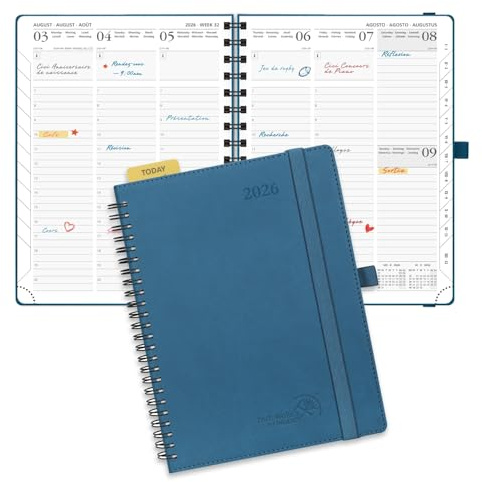 POPRUN Kalender 2026 Vertikal Spiral Planerare, 22 x 16,5 cm, Mjukt Omslag, Agenda 2026 med Självhäftande Pennhållare, Veganläder och 100 GSM Tjockt Papper, Nattblå